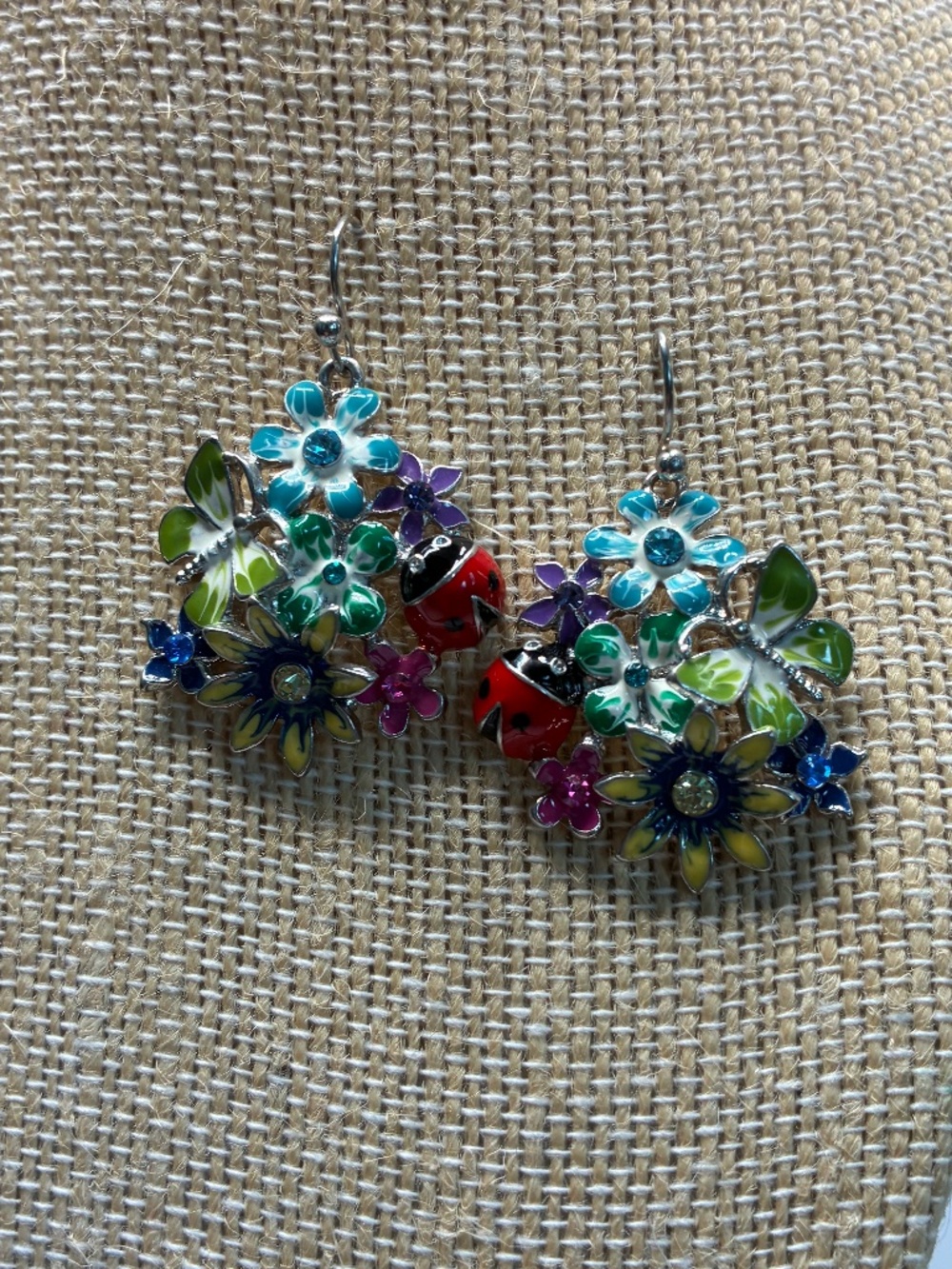 Vibrant, fun multicolor enamel flower cluster drop earrings
